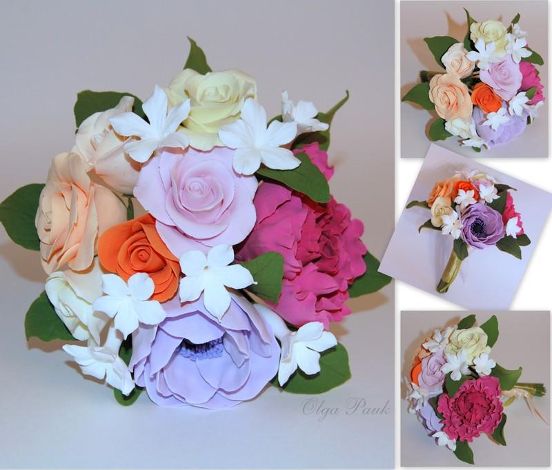 Букеты невесты - из полимерной глины и других декоративных элементов Весенние бабочки в розовом